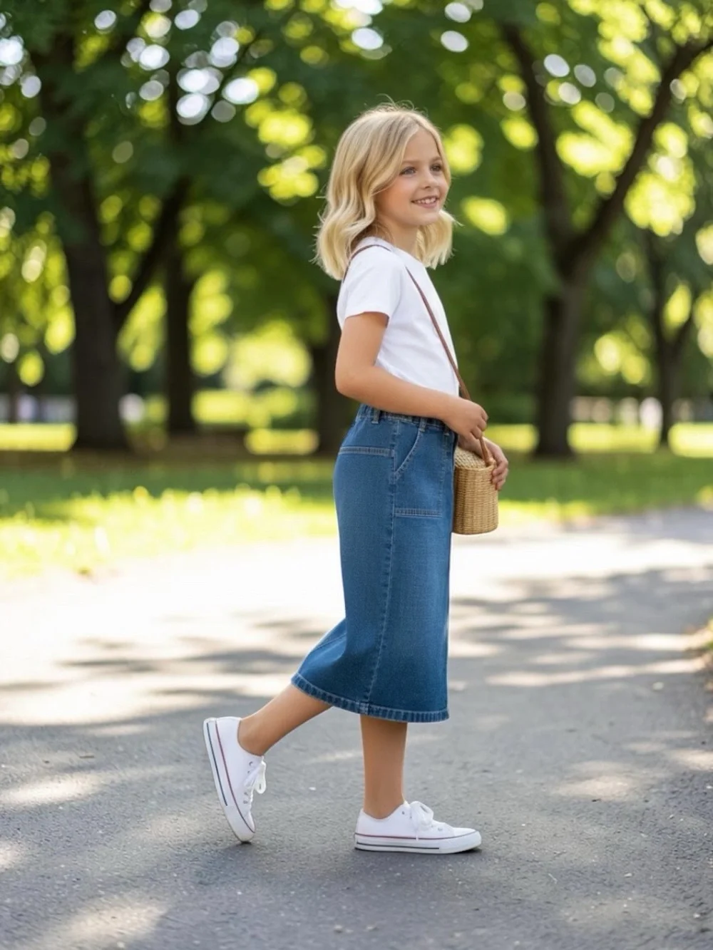 Old Navy Girls 7 Denim Midi Skirt Utility Pocket Blue Jean Y2K